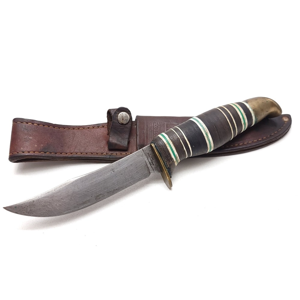 Rare Vintage Western Hunting Knife Brass Pommel Stacked Leather Handle Sheath